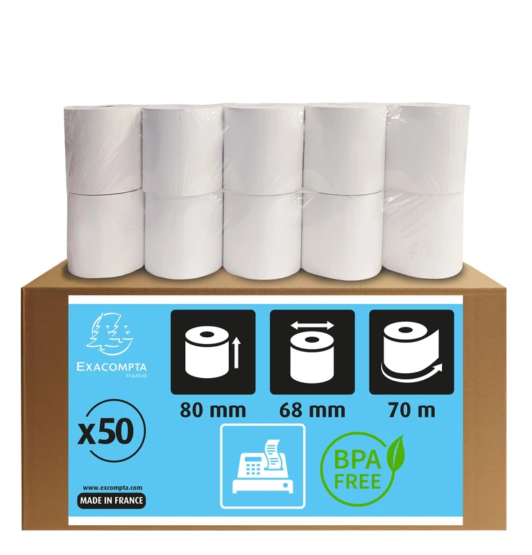 Exacompta - Ref 44819E - Single Ply Thermal Cash Machine Rolls (Pack of 50 Rolls) - 80mm Width x 70m Length, Suitable for Shops, Kiosks, Cafés, Restaurants, Card Payments