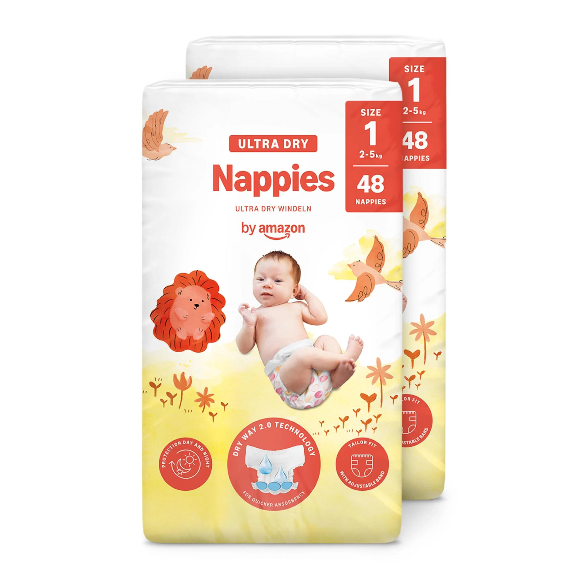 By Amazon Ultra Dry Nappies - Size 1 (2-5 kg) - With channels - 96 nappies (2 packs x 48) (Previously a Mama Bear brand, same product)