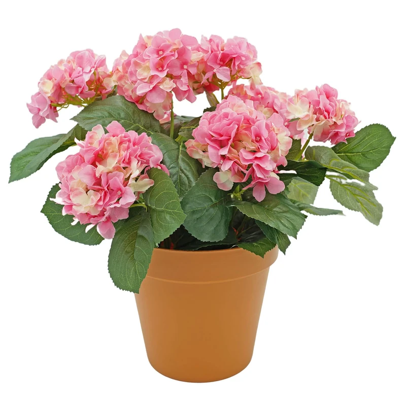 GreenBrokers Premium Quality Artificial Pink Hydrangea Flower Bush in Terracotta Coloured Pot (50cm) with Nine Flower Clusters for Home or Outdoor Living