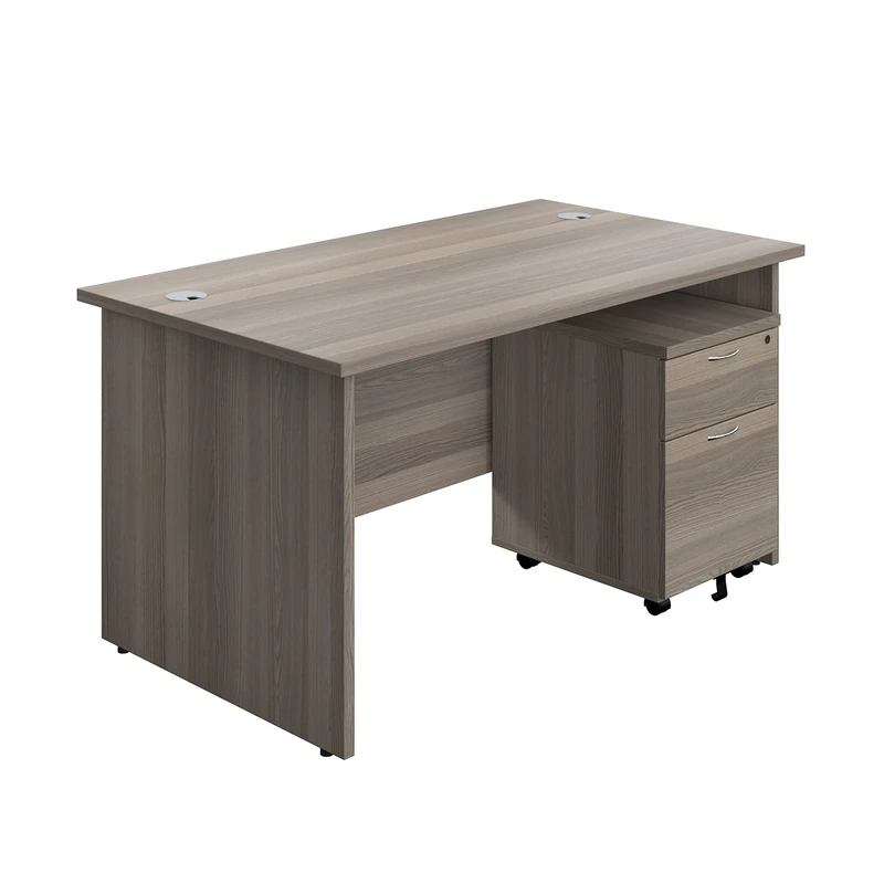 Office Hippo Panel Desk with 2 Mobile Storage Including Filing Drawer, A4, Foolscap, MFC, Grey Oak, 140 x 80 x 73 cm