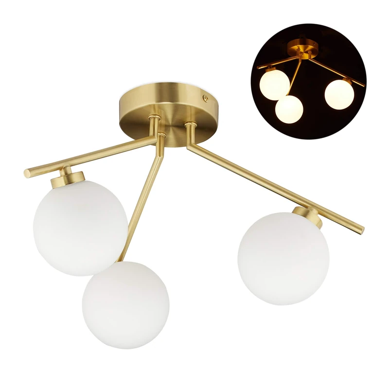 Relaxdays Ceiling Light, 3 Way, G9 Bulbs, Glass Lampshades, Midcentury Lamp, H x D: 24.5 x 36 cm, Golden, Iron
