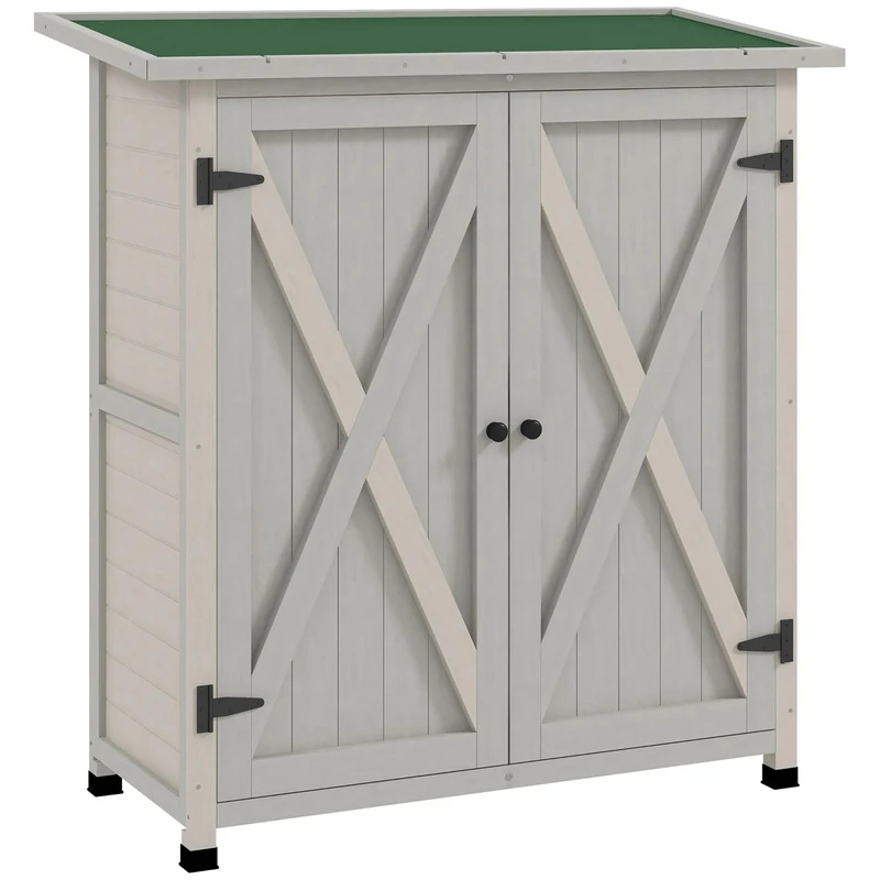 Outsunny Wooden Garden Storage Shed, Tool Cabinet Organiser with Shelves and Double Door, 110 x 55 x117cm, Light Grey