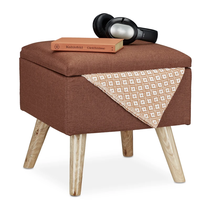 Relaxdays Storage Ottoman, Faux Linen Cover, Padded, Wooden Legs, Lidded Seat, HWD 40x40x40 cm, Brown