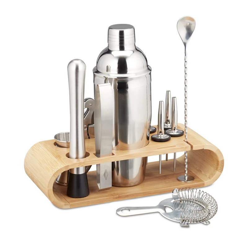 Relaxdays Cocktail Set, 11-Piece Pro Bar Tools, Stand, Shaker, Jigger, Bottle Pourer, Ice Tongs, Stainless Steel, Silver, 10028844