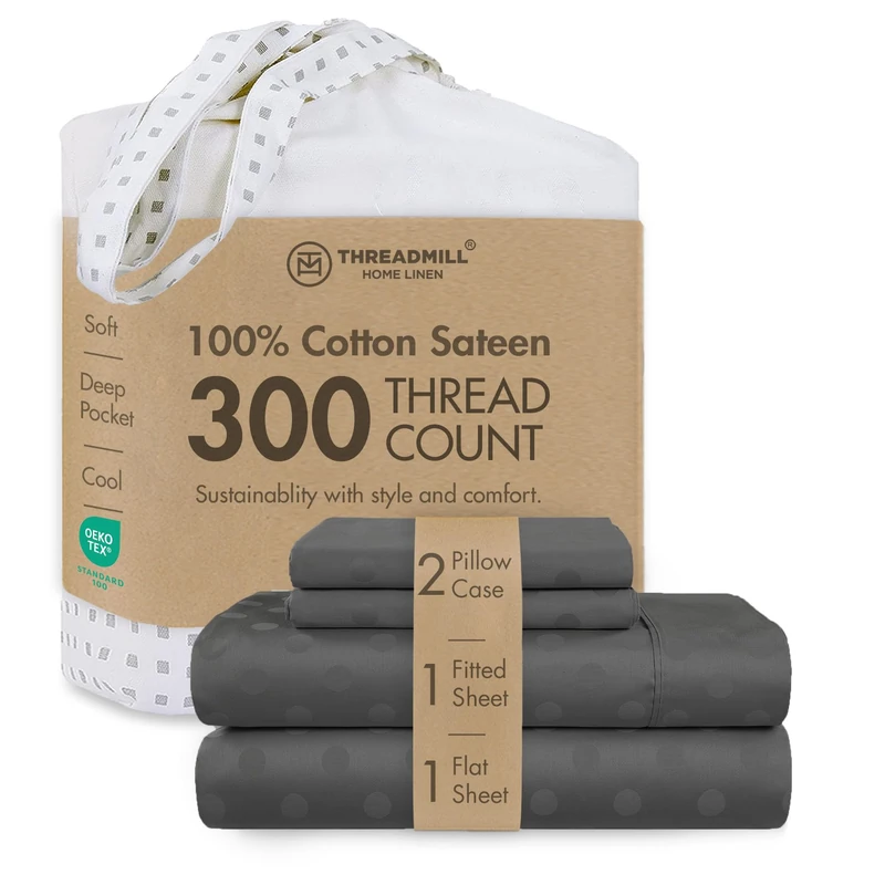 300-Thread-Count Jacquard Best 100% Cotton Sheets & Pillowcases Set - 4 Piece king sheet sets - Extra-Long Staple Combed Cotton Sateen King Size Sheets for Luxury Bedding with Deep Pocket, Dark Grey