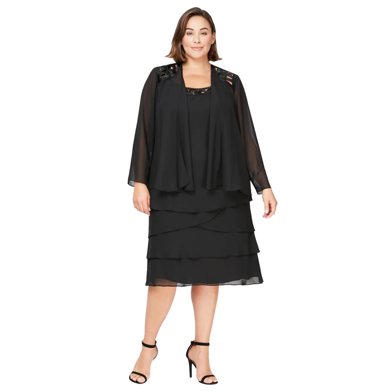 S.L. Fashions Women's Mother of The Bride Jacket Dress with Sequined Cut Out Shoulder (Petite and Regular Sizes) Special Occasion, Black, 18