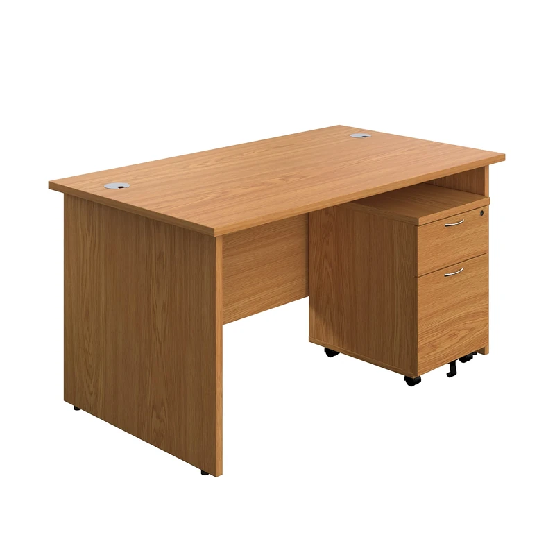 Office Hippo Panel Desk with 2 Mobile Storage Including Filing Drawer, A4, Foolscap, Engineered Wood, Oak, 140 x 80 x 73 cm