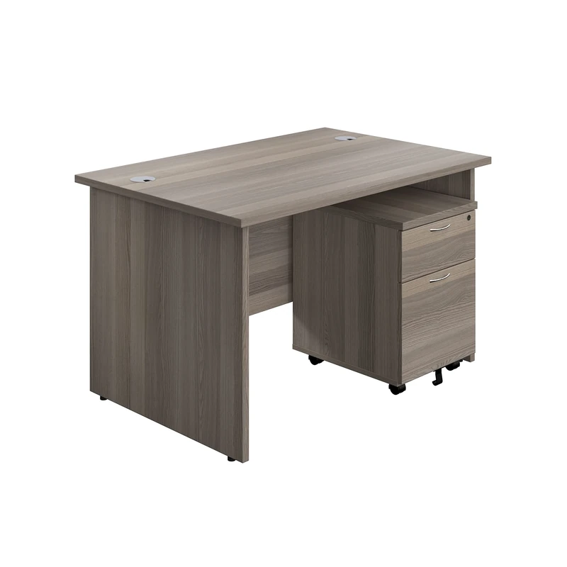 Office Hippo Panel Desk with 2 Mobile Storage Including Filing Drawer, A4, Foolscap, Engineered Wood, Grey Oak, 120 x 80 x 73 cm