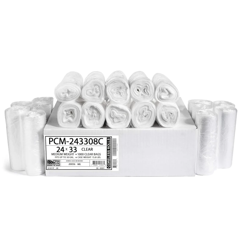 Aluf Plastics 12-16 Gallon Clear Trash Bags (1000 Count) - 24" x 33" - PCM Series Premium High Density 8 Micron Equivalent Garbage Bags for Bathroom, Office, Industrial, Commercial, Janitorial