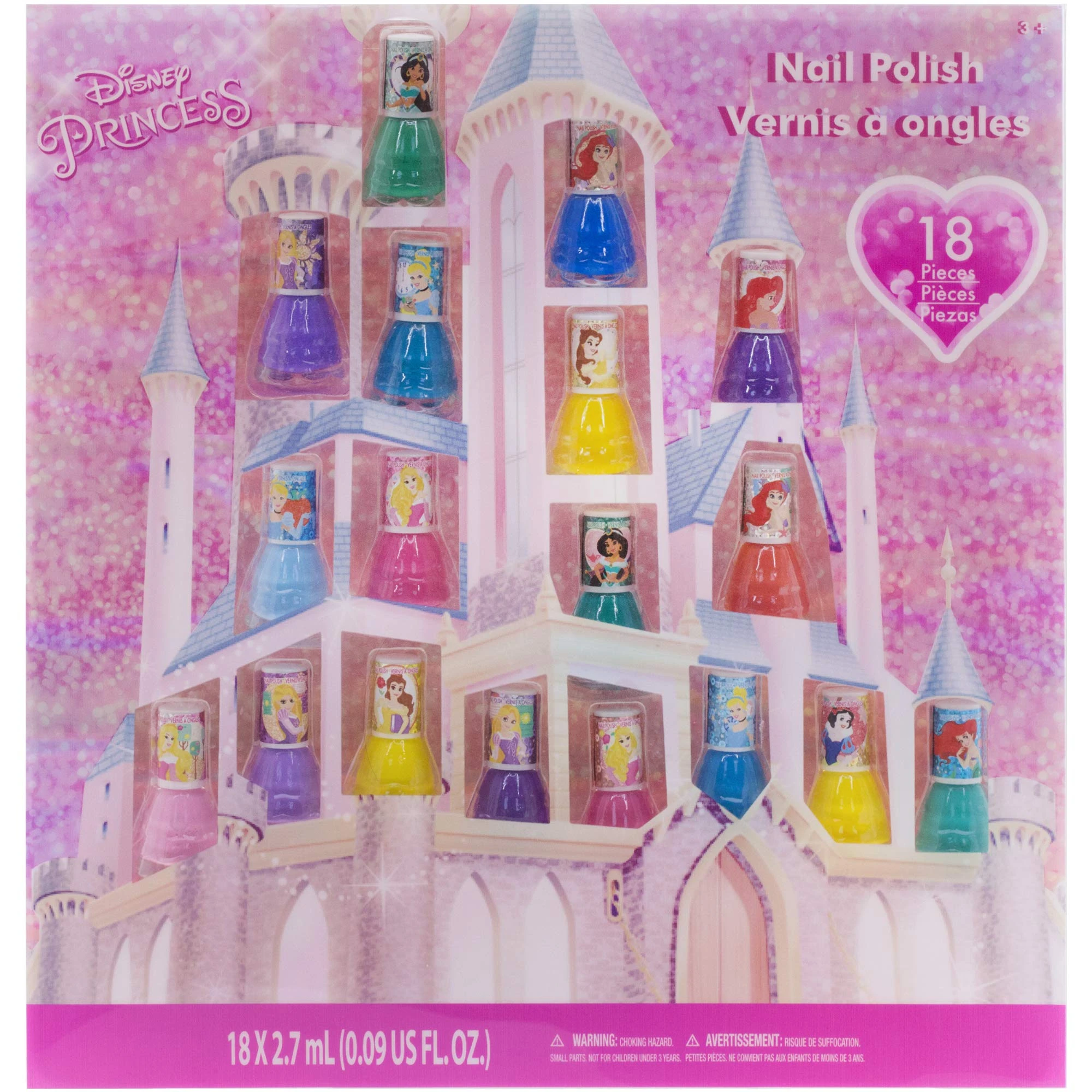 Disney Princess 18 Piece Water Based Nail Polish Set, Castle Theme, Quick Dry and Peels-Off, Nail Paint Set for Girls, Perfect for Parties, Sleepovers and Makeovers, Ages 3+, By Townley Girl