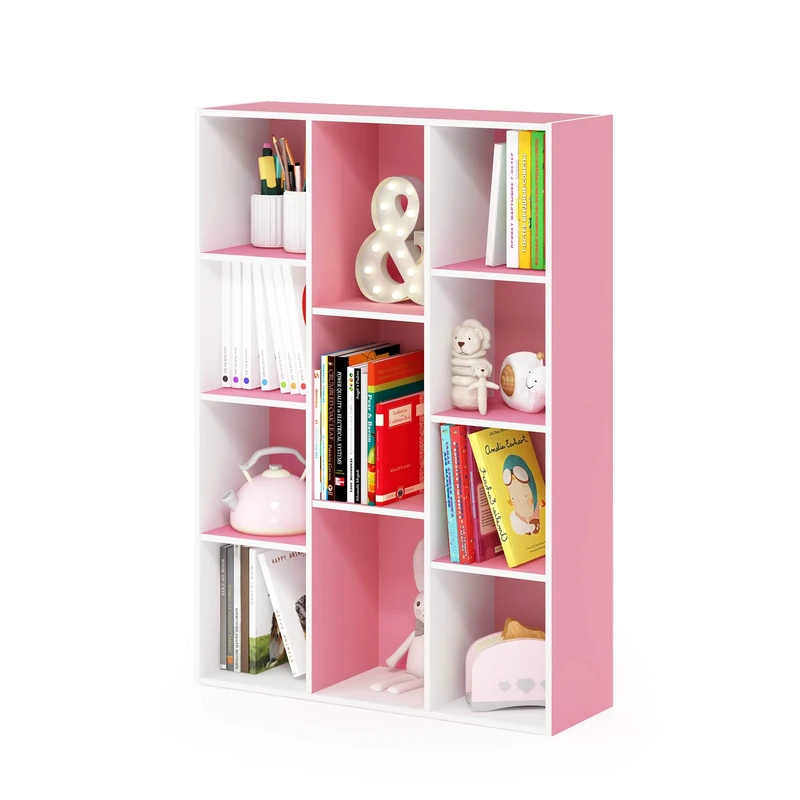 Furinno LUDER Book Shelf, 11-Cube Bookshelf, Reversible Bookcase, 9.4 x 29.1 x 41.7, for Living Room, Bedroom, Home Office, White/Pink