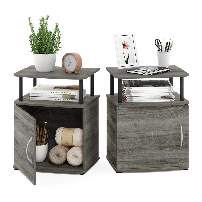 Furinno JAYA Side Table Set of 2, 2-Tier Open Shelf End Table with Door Cabinet, Soft-edges Night Stand, Bedside Table, for Living Room, Bedroom, French Oak