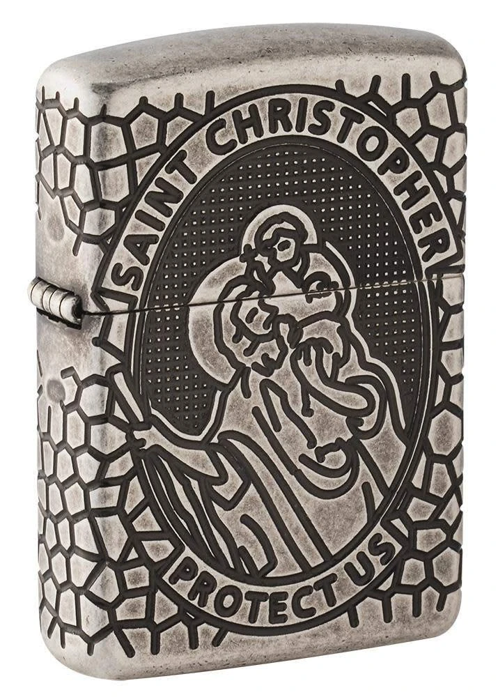 Zippo Armor St. Christopher Metal Design Pocket Lighter, Antique Silver