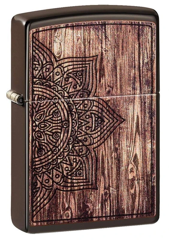 Zippo Wood Mandala Design Brown Matte Pocket Lighter - Image 1