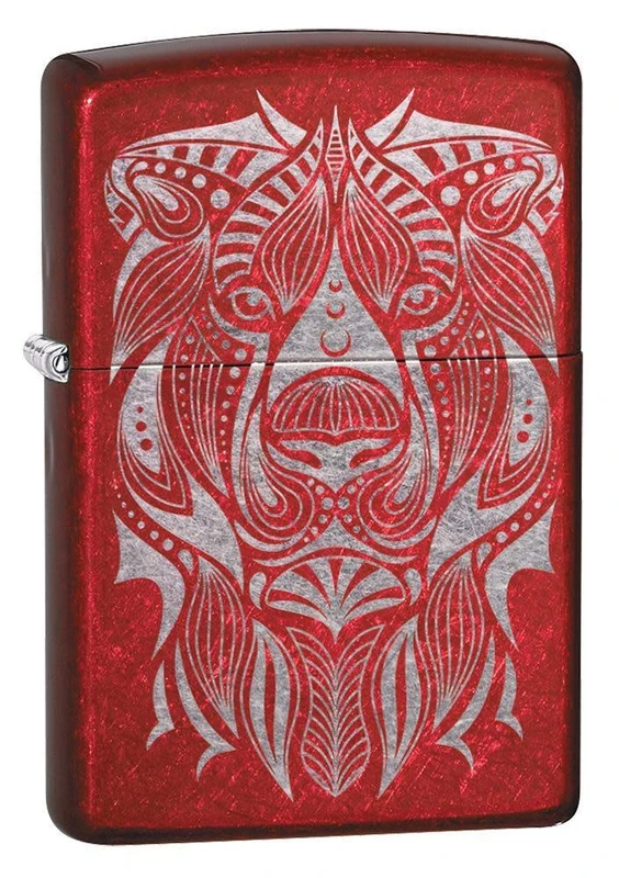 Zippo - Lion Tattoo Design - Laser Engraved, Candy Apple Red - Windproof Lighter, refillable, in gift box,One Size,49109