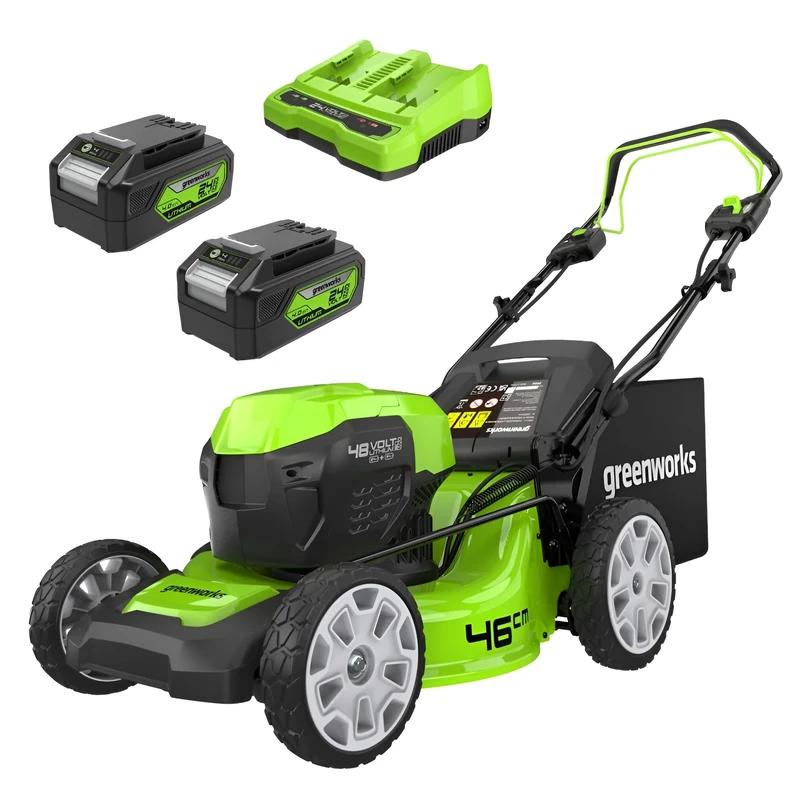 Greenworks 48V (2x24V) Self Propelled Cordless Lawnmower for Large Lawns up to 480m2, 46cm Cutting Width, 55LBag PLUS Two 4Ah Batteries and Twin Charger, 3 Year Guarantee GD24X2LM46SPK4X