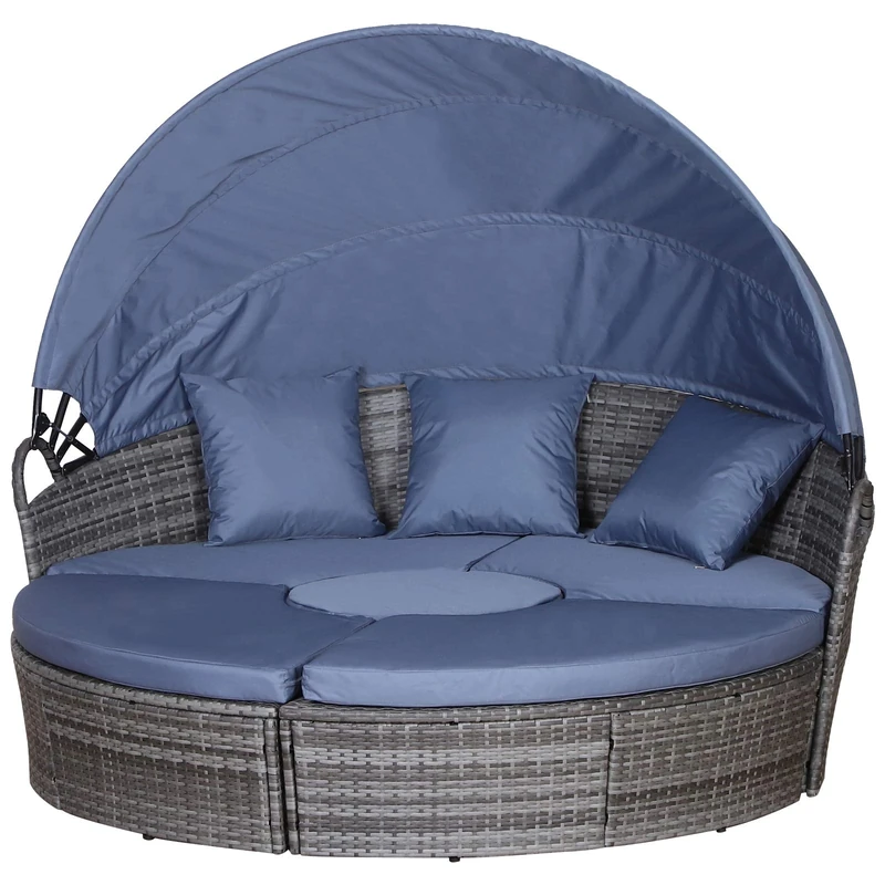Outsunny Outdoor PE Rattan Garden Furniture with Cushioned, Patio Wicker Conversation Furniture Set, Round Daybed with Retractable Canopy, Coffee Table and Three Pillows, Grey/Blue Grey