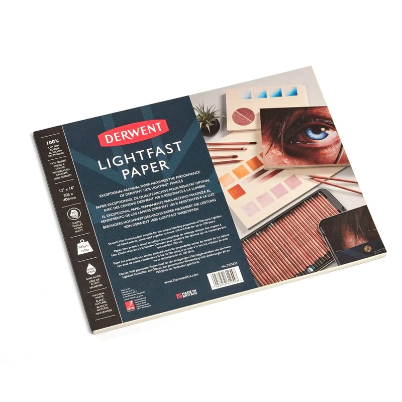 Derwent Lightfast Paper Pad 12 x 16 Inches, 300gsm, 20 Sheets, Smooth Hot Pressed Surface, Acid Free, Ideal For Fine Art Drawing & Colouring, Professional Quality, 2305833