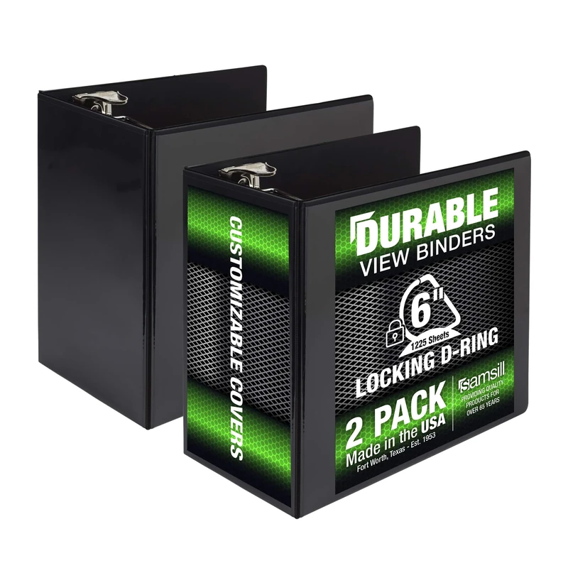 Samsill Durable 6 Inch Binder, Made in The USA, Locking D Ring Customizable Clear View Binder, Black, 2 Pack, Each Holds 1225 Pages