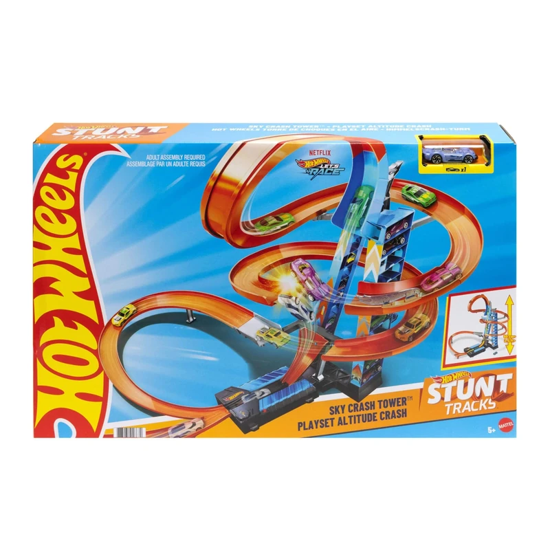Hot Wheels - Sky Crash Tower Track Set, 2.5+ ft / 83 cm High with Motorized Booster, Orange Track & 1 Hot Wheels Vehicle, Race Multiple Cars, Gift for Kids 5 to 10 Years Old & Up, GWT39
