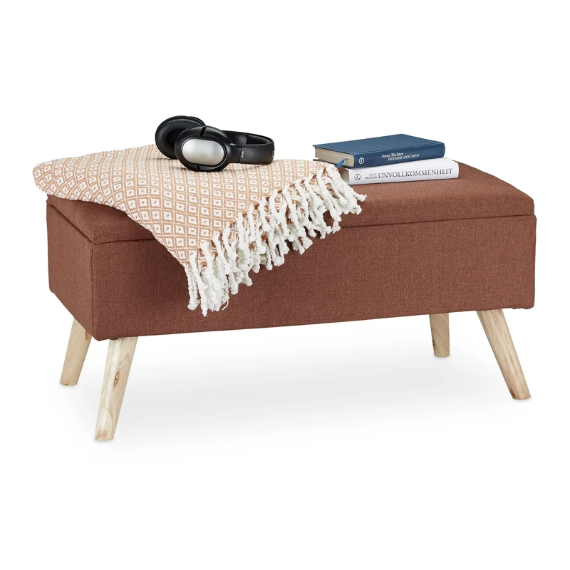 Relaxdays Hallway Storage Bench, Padded, Wooden Legs, Fabric Cover, HxWxD: 39.5 x 79.5 x 39.5 cm, Brown - Image 1