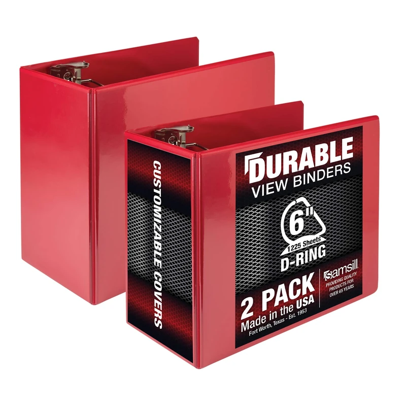Samsill 6 Inch Red D Ring Binder, 2 Pack, Customizable Clear View, Eco-Friendly, Heavy-Duty Design, Lay-Flat Spine