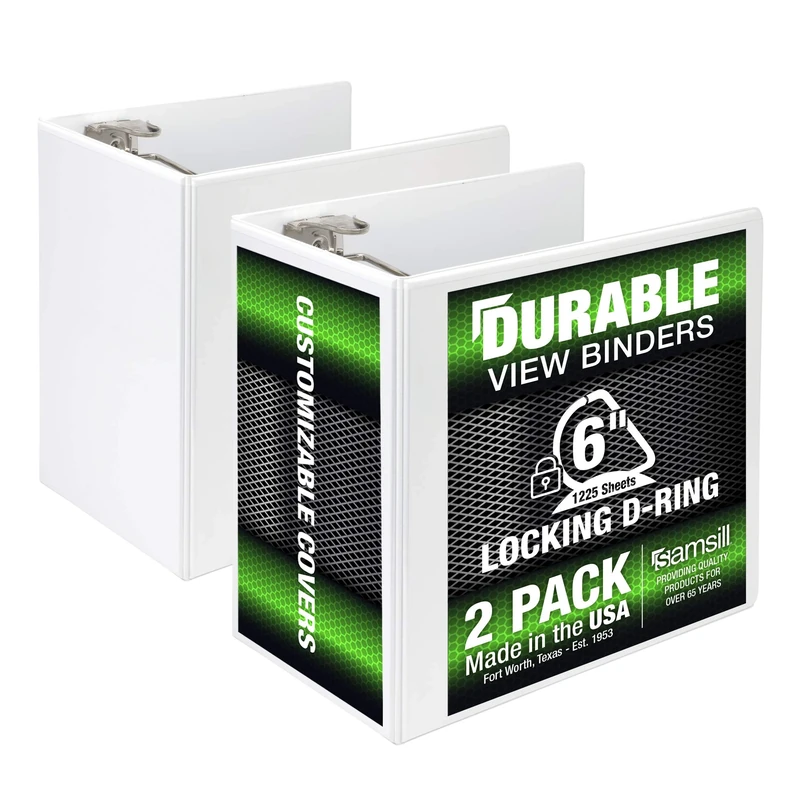 Samsill Durable 6 Inch Binder White D Ring Binder/Customizable Clear View Binder/Bulk Binder 2 Pack/White 3 Ring Binder 6 inch Binders