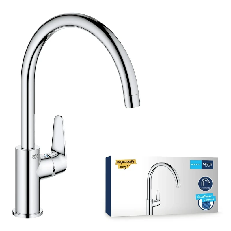 GROHE Start Curve Quickfix Single-Lever Sink Mixer with High C-Spout with 360° Swivel Area, Chrome Easy To Fit with Quickmount 31554001