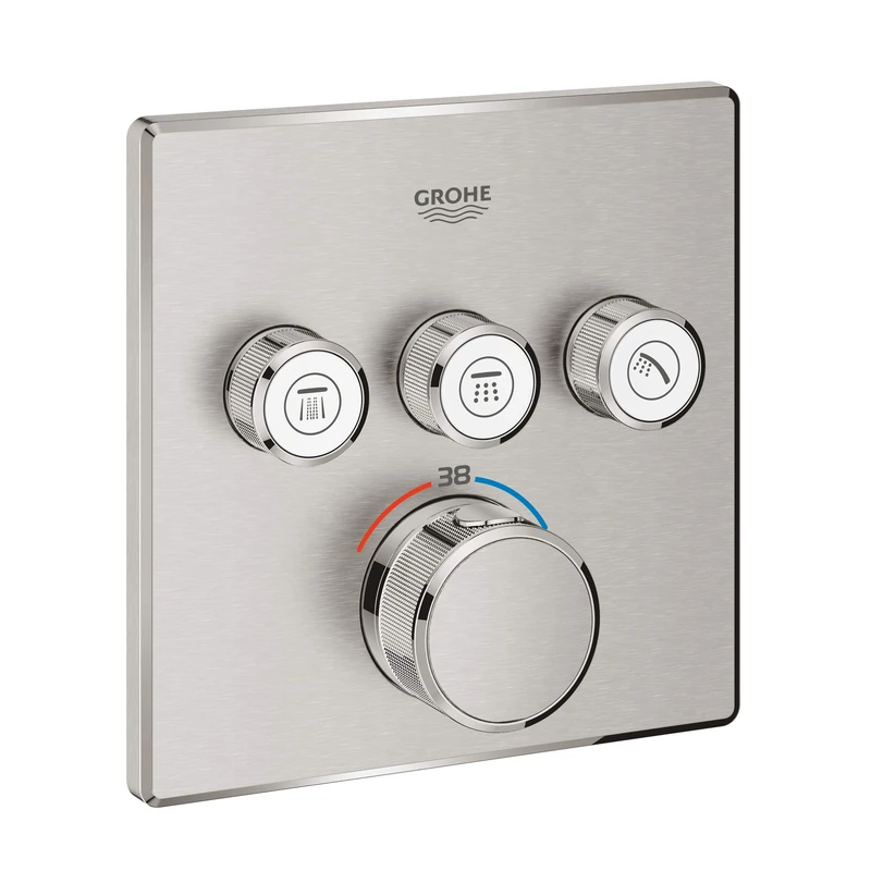 GROHE Grohtherm Smartcontrol Thermostat for Shower, with Concealed Installation and Three Valves Square Shape, Stainless Steel Look Eco-Friendly and Safety Features 29126DC0
