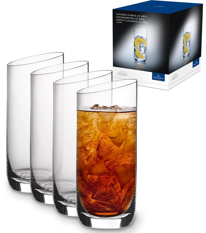 Villeroy & Boch - NewMoon Long Drink Glass Set, 4 Pieces, Elegant, Modern Sloping Long Drink Glasses, Crystal Glass, Transparent, Dishwasher Safe