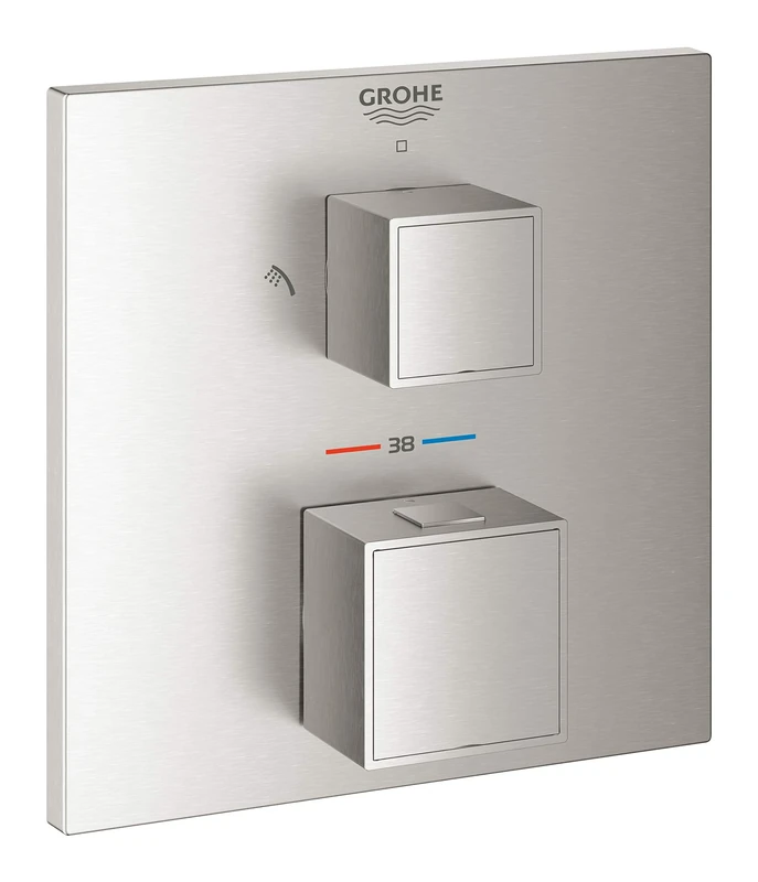 GROHE Grohtherm Cube Thermostatic Shower Mixer Trim Set to Control 2 Showers, Concealed Installation, Stainless Steel Look 24154DC0