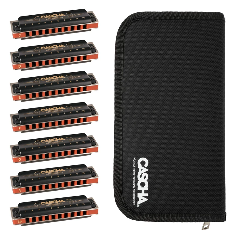 CASCHA Harmonica Pro Set 7 keys C - D - E - F - G - A - Bb for beginners and advanced players - 10-hole diatonic harmonicas with zip bag for storage & cleaning cloth HH 2224