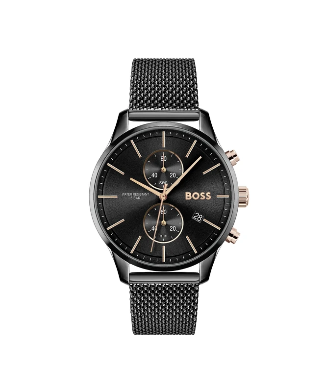 BOSS Men's 42mm Chronograph Quartz Watch Associate Collection with Black Dial and Black Stainless Steel Mesh Bracelet, Date Function, 2 Sub-Dials, 5ATM Water Resistance - 1513811