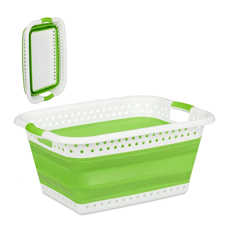 Relaxdays Folding Laundry Hamper, Handles, Plastic & Silicone, Compact Storage Basket, HWD 27x61x45.5 cm, Light Green