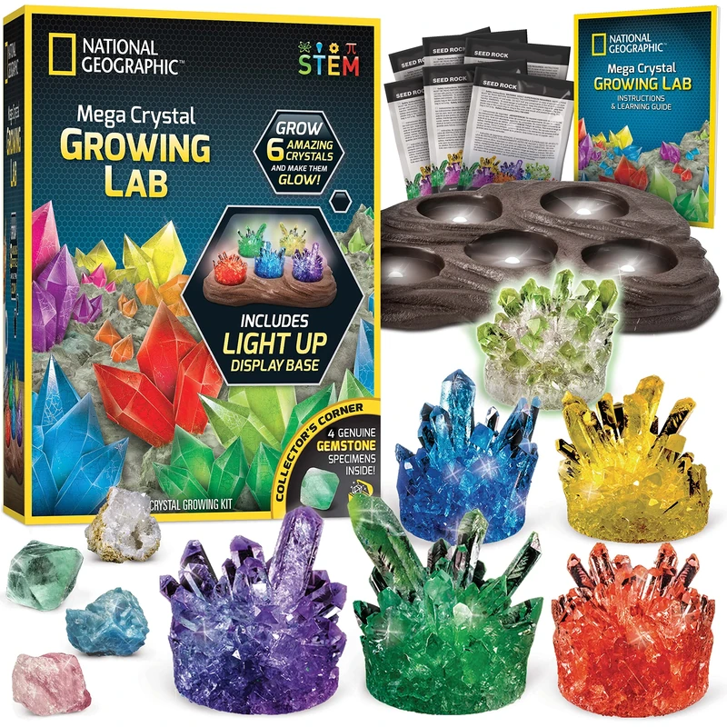 NATIONAL GEOGRAPHIC Mega Crystal Growing Kit for Kids- Grow 6 Crystals with Light-Up Stand, Science Gifts for Kids 8-12, Crystal Making Experiment, Science Kit for Girls and Boys