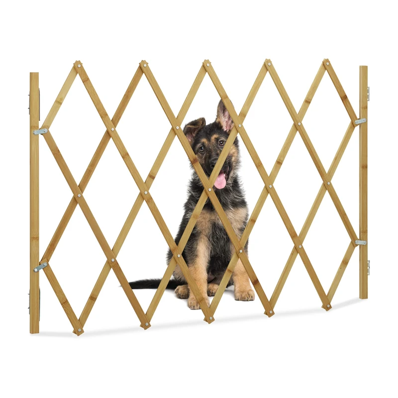 Relaxdays Dog barrier, safety gate for door & stairs, scissor grid extendable up to 116.5 cm, 82.5 cm high, natural, L