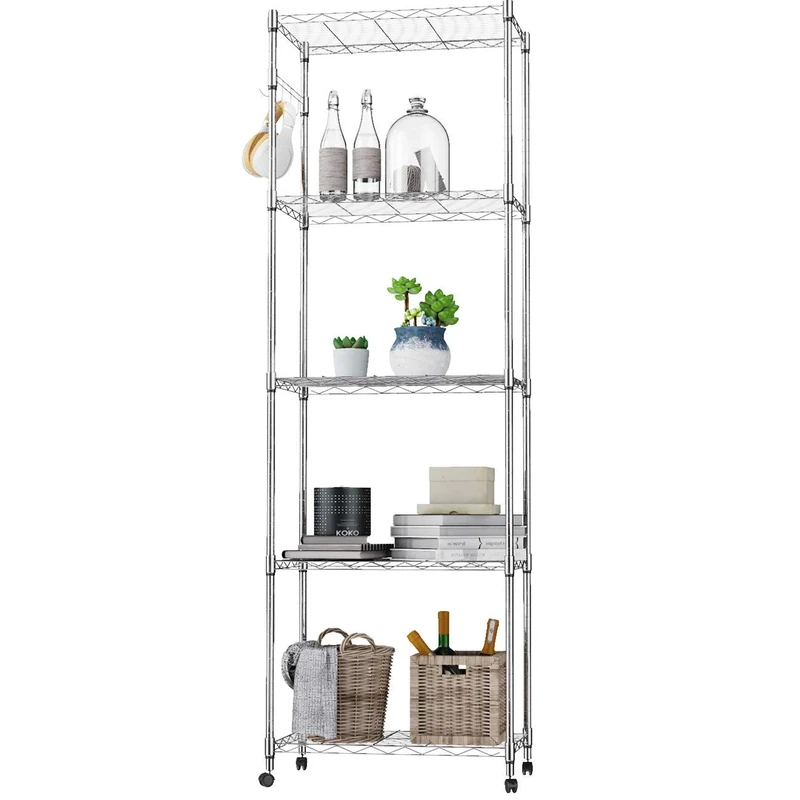 5-Shelf Wire Shelving Units, Sturdy Metal Shelf Chrome Organizer Wire Rack with 360° Wheels, Adjustable Utility Storage Shelves for Garage, Kitchen, Living Room, Bathroom, 59 x 35 x 183cm