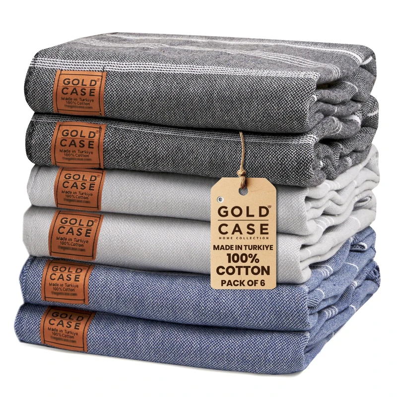 GOLD CASE HOME COLLECTION Lycia Turkish Beach Towel Set of 6-100% Cotton & Sand Free Towels for Vacation Essentials - XXL Pre Washed Quick Dry Travel Bath Towel - 70 x 38 Inches - MultiDark