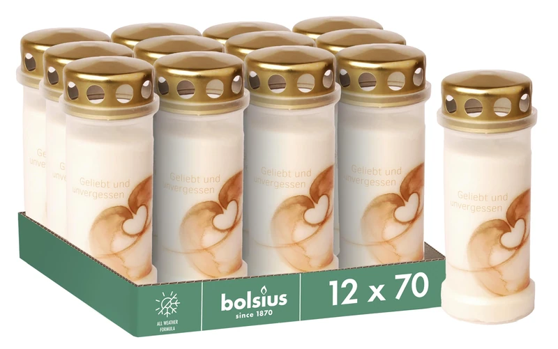 Bolsius Grave Light - White - Set of 12 - Length Burning Time 70 Hours - Funeral Candle & Memorial Candles - Permanent Burner - with Motif - Heart - Unscented - Without Palm Oil - No. 6, 17 cm