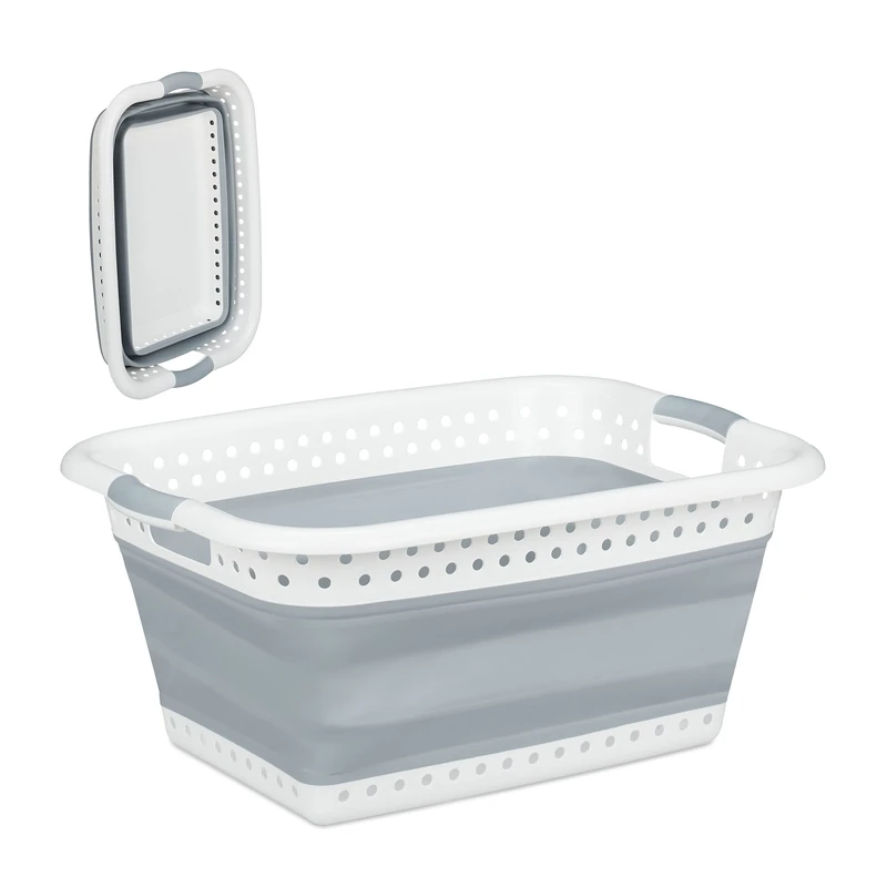 Relaxdays Folding Laundry Hamper with Handles, Plastic & Silicone, Compact Storage Basket, HWD 27x61x45.5 cm, Grey, 1 Item
