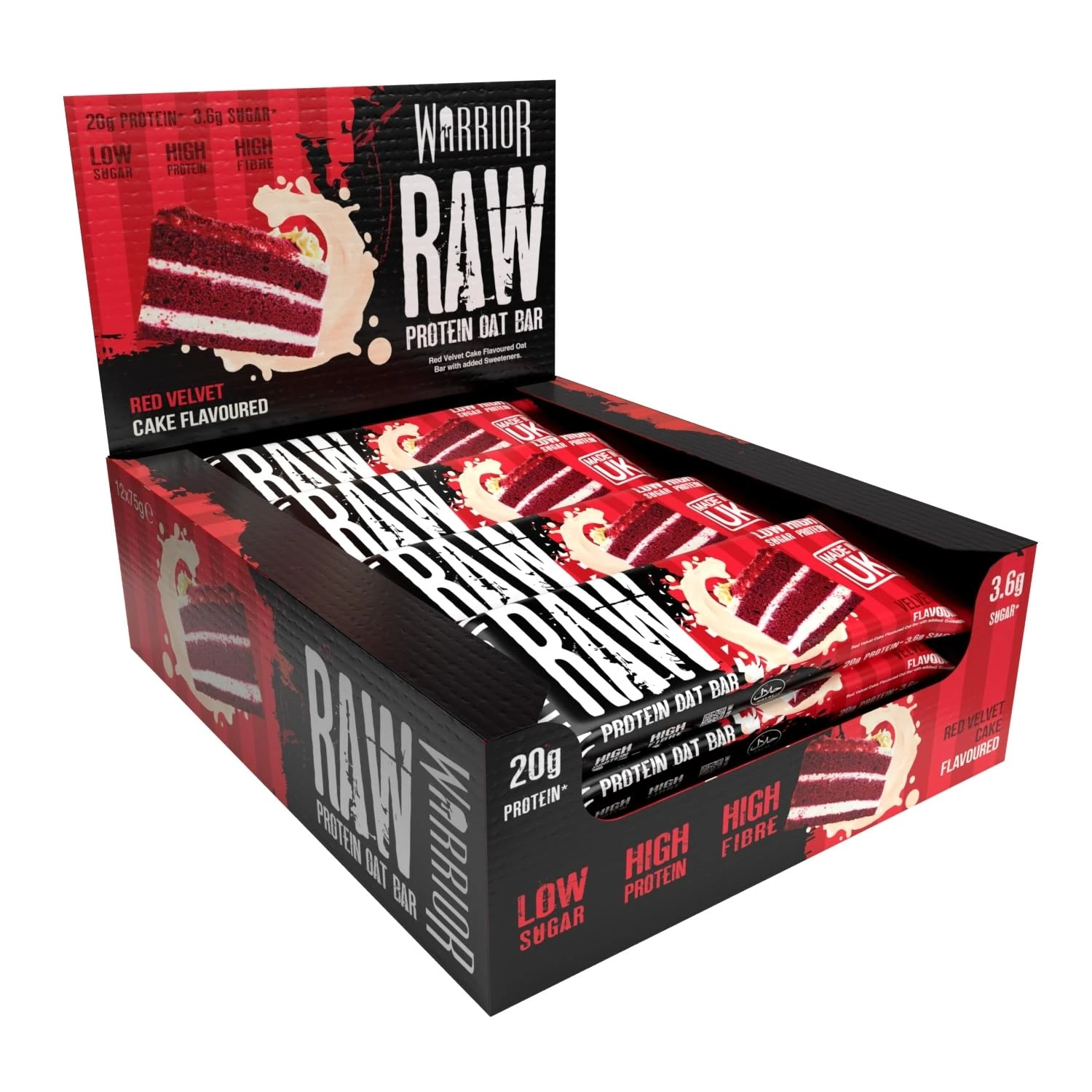 Warrior Raw Protein Bars – 12 x 75g High Protein Snack – High Fibre, Low Sugar – Ideal Meal Replacement or Healthy Nutrition Energy Snacks - Oat Bar Flapjacks – UK Made (Red Velvet Cake)