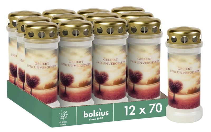 Bolsius Grave Light - White - Pack of 12 - Length Burning Time 70 Hours - Mourning Candle & Memorial Candles - Permanent Burner - with Motif - Tree - Unscented - Without Palm Oil - No. 6