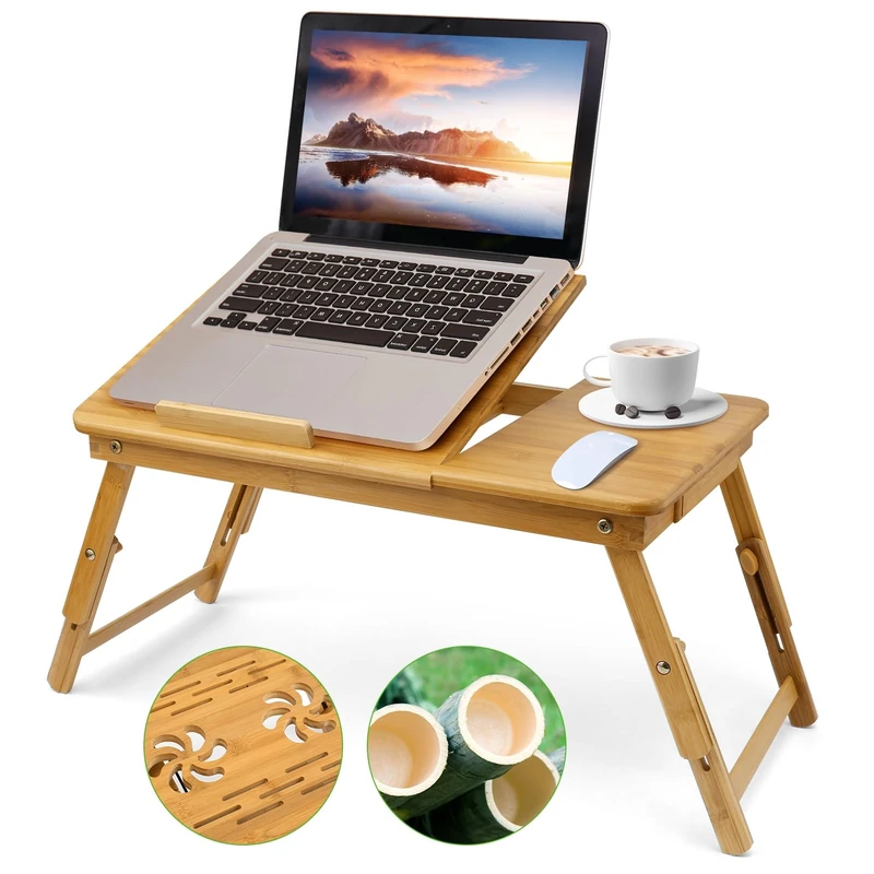 Bamboo Portable Table for Computer, Folding Bed Tray, Adjustable Desk with Ventilation Holes, Brand a Portable Table for Computer, Portable Bed Table Stand PC Foldable Bamboo