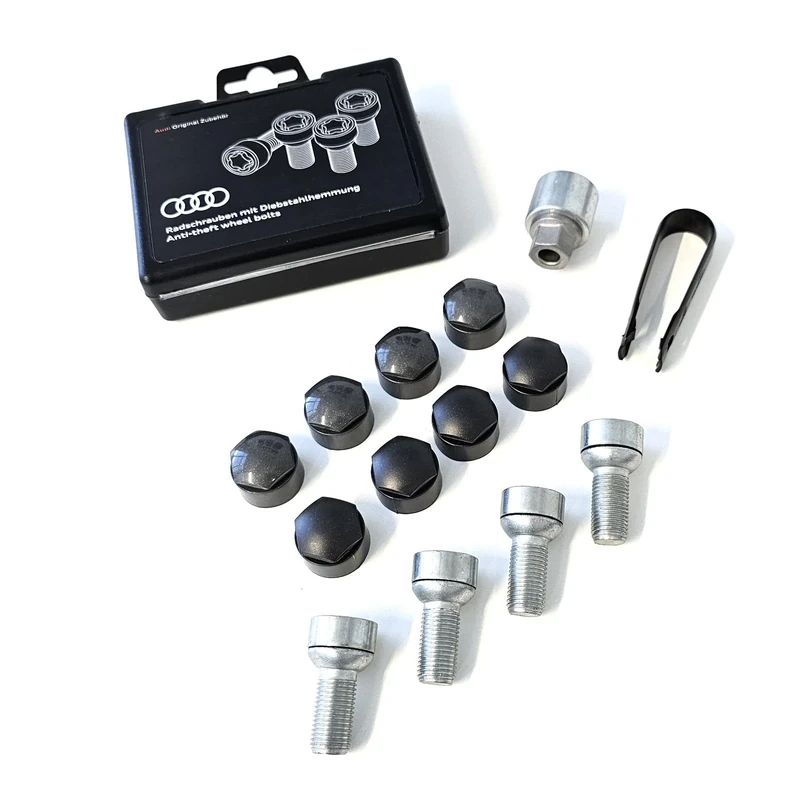 Audi Wheel Lock Bolts M14 x 1.5 x 27, 4 Pieces, Aluminium, Black Finish, Right Hand Thread, Coarse Pitch, Original Audi Accessory