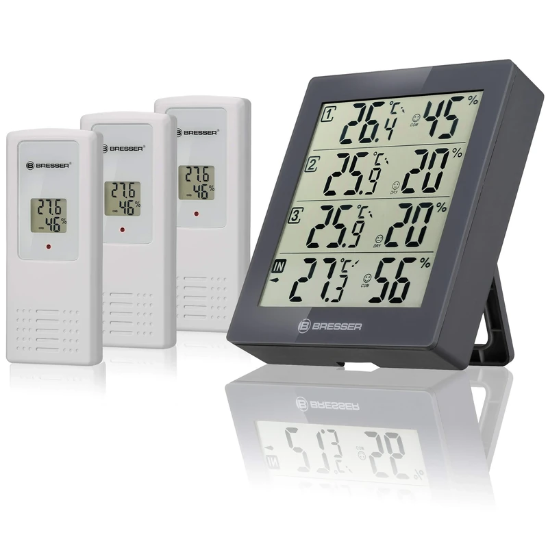 Bresser Temeo Hygro Quadro Wireless Weather Station with Outdoor Sensor, Includes 3 Outdoor Sensors to Measure and Control Temperature and Humidity Simultaneously in 4 Environments, Grey