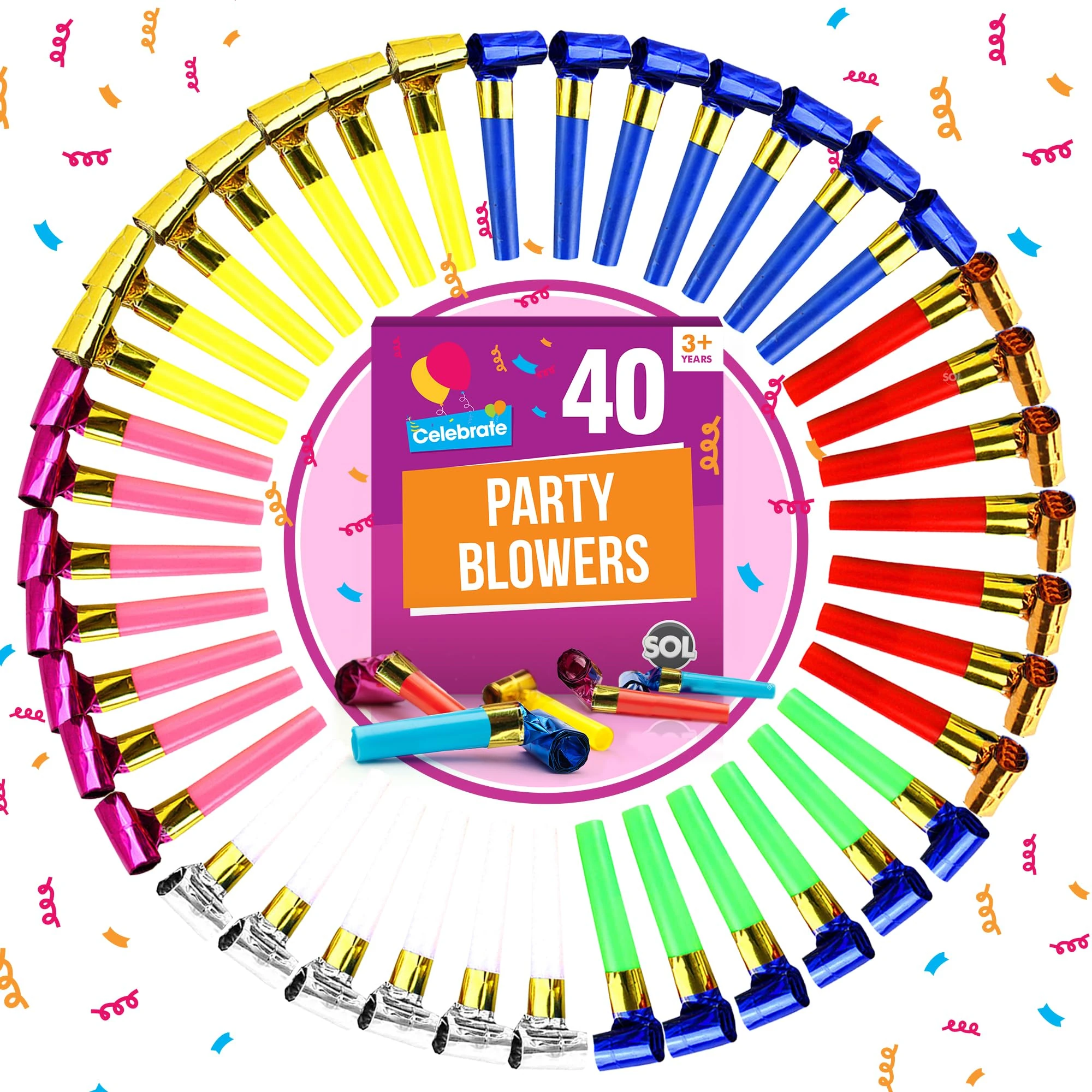 SOL 40pk Party Blowers for Party Bags Fillers for Kids, Assorted Colours Party Blowers, Durable Paper & Plastic Mouthpieces Noise Makers for Birthdays, New Year’s, Weddings, & Kids’ Celebrations