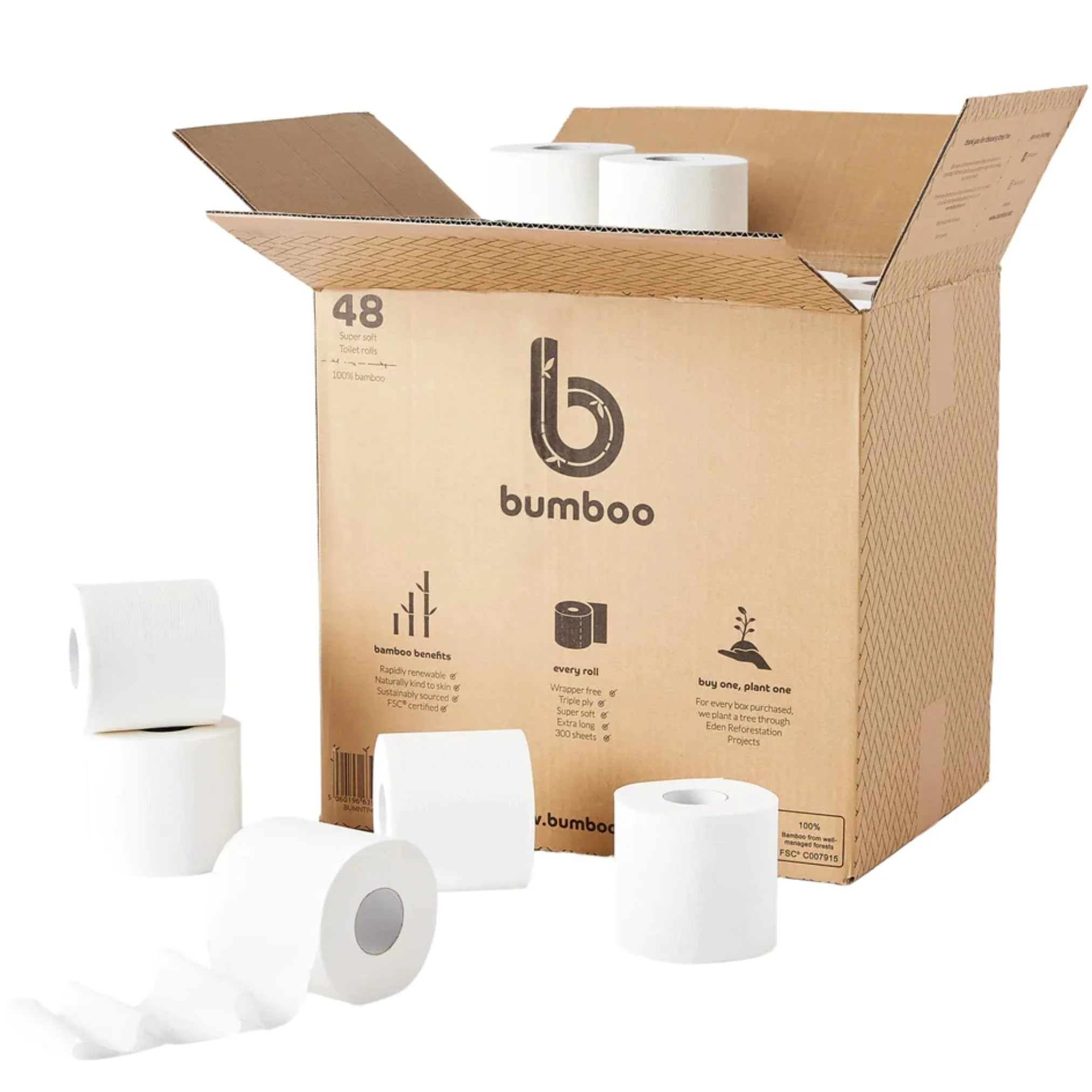 Bumboo Bamboo Toilet Roll 48 Pack | Toilet Paper 3 ply, 300 Sheets | Bulk Toilet Rolls | Plastic-Free, Soft, Strong, Sustainable & Biodegradable Loo Roll