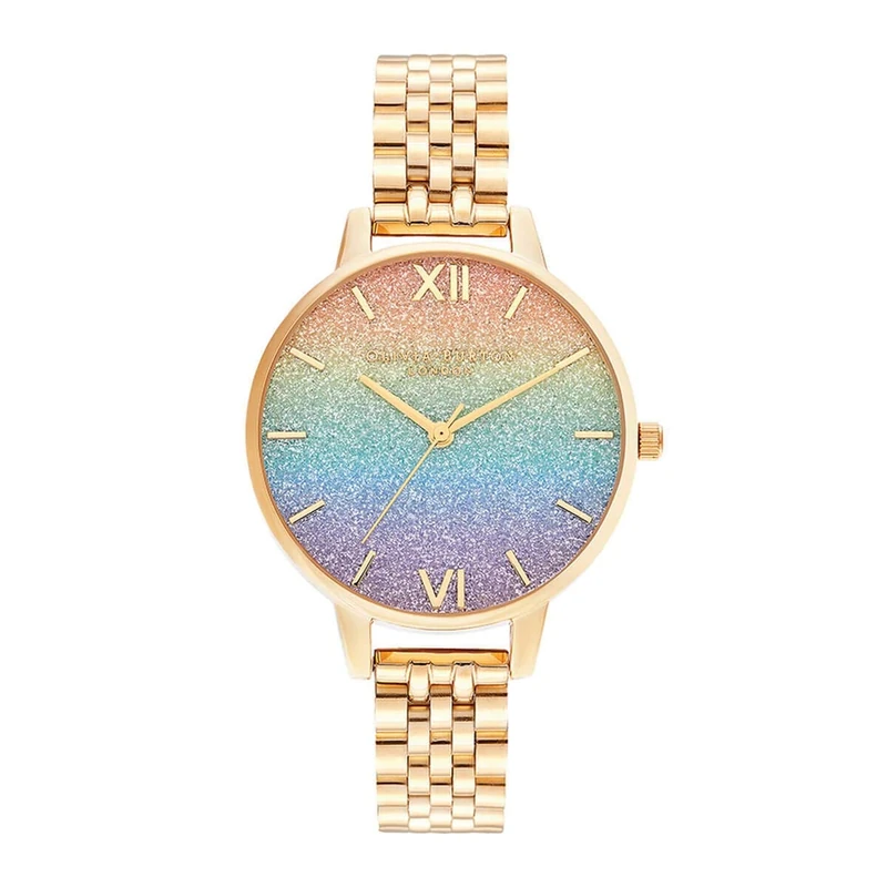 Olivia Burton Analogue Quartz Watch for Women Rainbow Collection with Gold Colored Stainless Steel Bracelet - OB16RB23