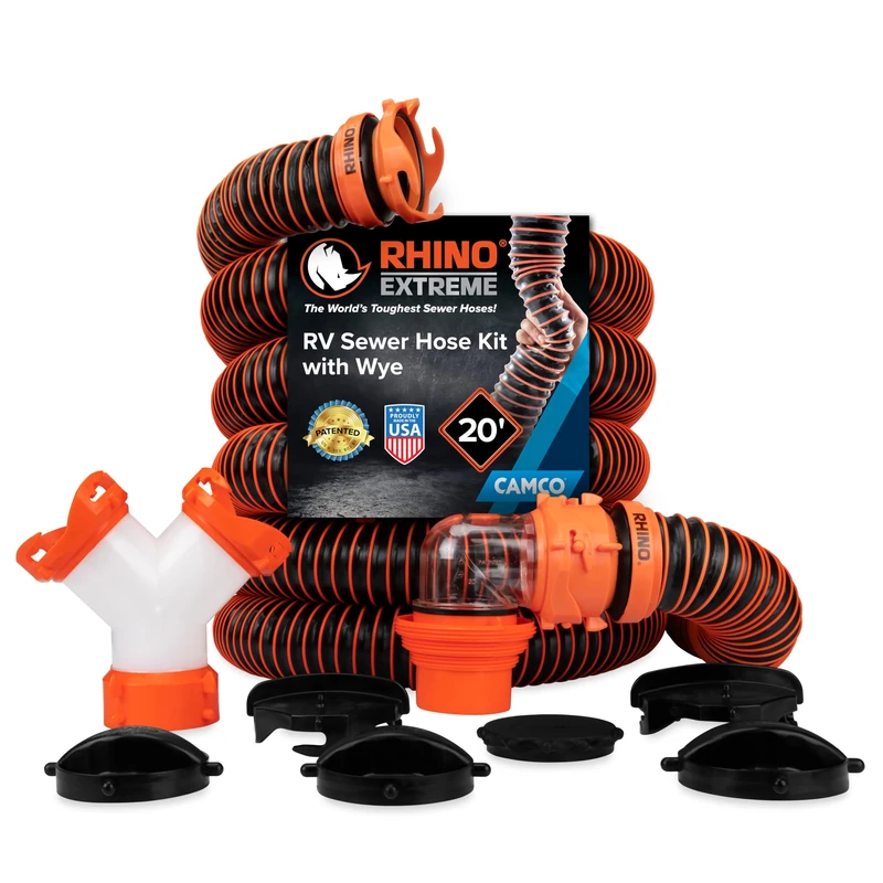 RhinoEXTREME 21056 20-Foot Sewer Hose Kit for RVs with Tandem Holding Tanks - Ready-to-Use Kit - Includes 4-in-1 Adapter, Storage Caps and Swivel Wye Fitting - Image 1