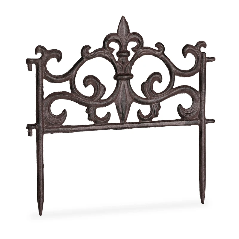 Relaxdays Cast Iron Flowerbed Fence, Vintage Design, Single Panel, Decorative Lawn Edging, HxW: 27x27cm, Brown